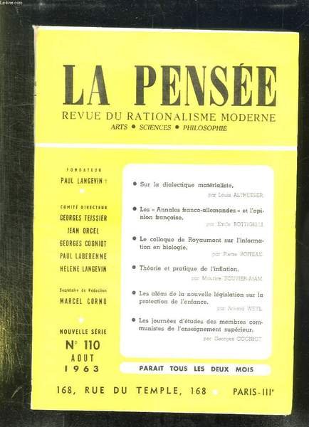 LA PENSEE N° 110. SOMMAIRE: LES ANNALES FRANCO ALLEMANDES ET … | Immagine principale