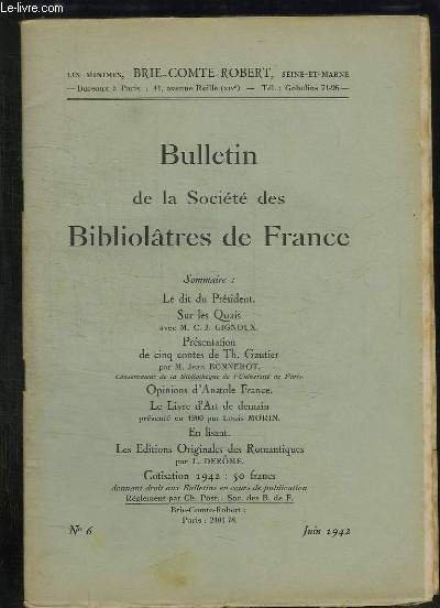 BULLETIN DE LA SOCIETE BIBLIOLATRES DE FRANCE N° 6 JUIN … | Immagine principale