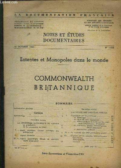 LA DOCUMENTATION FRANCAISE N° 1538 DU 16 OCTOBRE 1951. COMMONWEALTH …