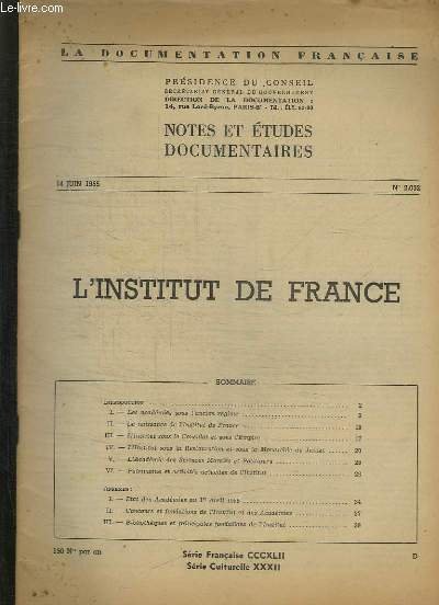 LA DOCUMENTATION FRANCAISE N° 2032 DU 14 JUIN 1955. SOMMAIRE: …