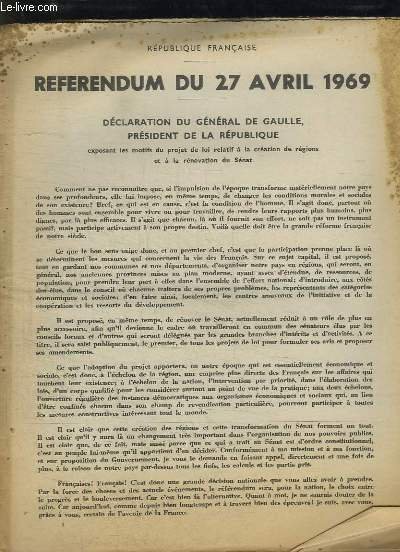 REFERUNDUM DU 27 AVRIL 1969. DECLARATION DU GENERAL DE GAULLE …