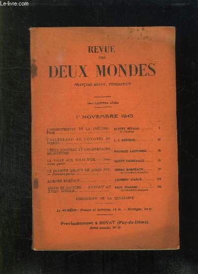 REVUE DES DEUX MONDES 1 NOVEMBRE 1943. SOMMAIRE: L ENSEIGNEMENT …