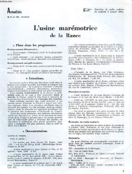 ACTUALITES D.C N�106. L'USINE MAREMOTRICE DE LA RANCE. EMISSION DE …