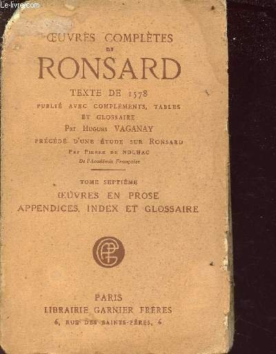 Oeuvres complètes de ronsard - tome septième : oeuvres en … | Immagine principale