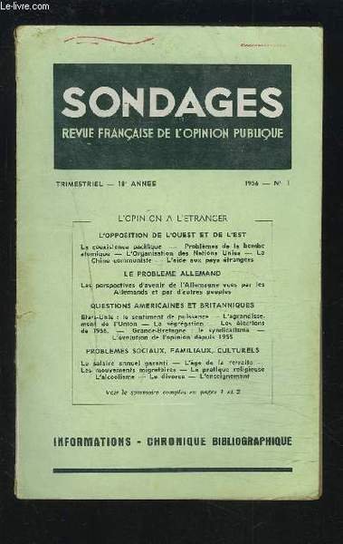 SONDAGES - REVUE N�1 / 1956 / 17� ANNEE : … | Immagine principale