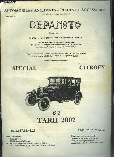DEPANOTO- AUTOMOBILES ANCIENNES- PIECES ACCESSOIRES- SPECIAL CITROEN B2- TARIF 2002