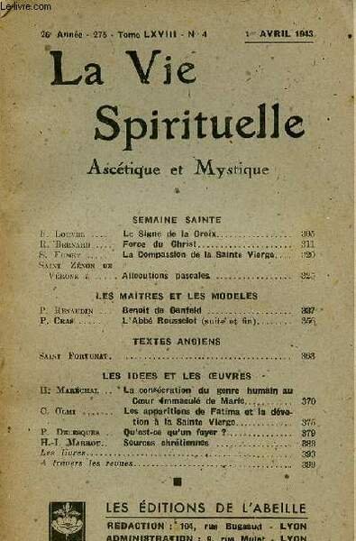 LA VIE SPIRITUELLE N�4 - 26E ANNEE - 1ER AVRIL … | Immagine principale
