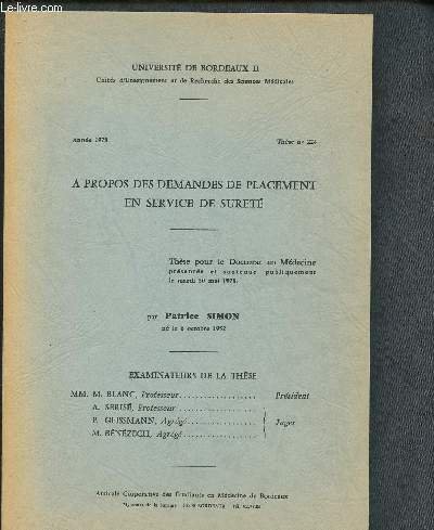 APROPOS DES DEMANDES DE PLACEMENT EN SERVICE DE SURETE (THESE …