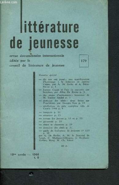 Litt�rature de jeunesse n�179 - 18me ann�e - 1966 - … | Immagine principale