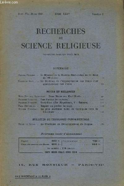 RECHERCHE DE SCIENCE RELIGIEUSES N 1 Tome XXXV - Paraissant Tous Les ...