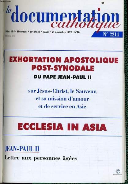 LA DOCUMENTATION CATHOLIQUE n� 20 : Exhortation apostolique post synodale …