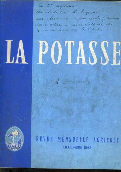 REVUE MENSUELLE AGRICOLE DECEMBRE 1963 LA POTASSE N�310 37E ANNEE. | Immagine principale