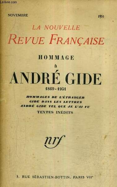LA NOUVELLE REVUE FRANCAISE - HOMMAGE A ANDRE GIDE 1869-1951 …