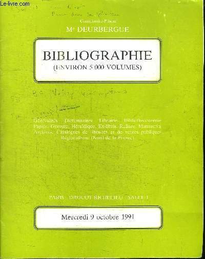 CATALOGUE DE VENTE AUX ENCHERES : BIBLIOGRAPHIE DE LA LIBRAIRIE GIARD (ENVRION 5000 VOLUMES) - PARIS DROUOT RICHELIEU SALLE 1 - MERCREDI 9 OCTOBRE 1991 - G�n�ralit�s, dictionnaires, librairie, biblioth�conomie, papier, gravure, h�raldique, ex-libris, .