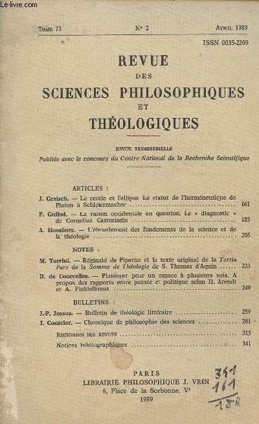 Revue des Sciences philosophiques et th�ologiques - Tome 73 n�2 …