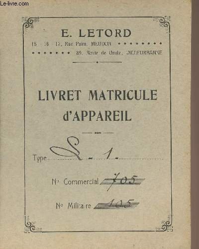 Livret matricule d'appareil - Type L1 : Caract�ristique de l'appareil …