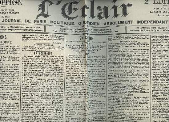 A la une - Fac-simil� 1- vol.1 - L'�clair 13e ann�e n�4224 jeudi 21 juin 1900 - Opinions : Louis Koppe - La crise italienne, La politique - En Chine, L'intervention des puissances � P�kin .