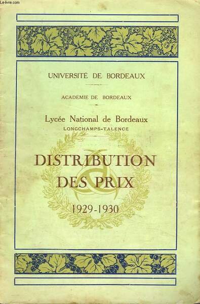 DISTRIBUTION DES PRIX 1929-1930. LYCEE MICHEL DE MONTAIGNE LONGCHAMPS-TALENCE. | Immagine principale