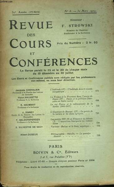 REVUE DES COURS ET CONFERENCES, 30e ANNEE, N°8, 30 MARS …