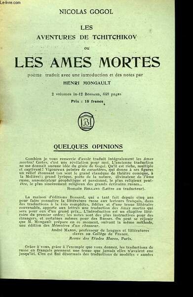 EDITIONS BOSSARD. QUELQUES OPINIONS SUR : NICOLAS GOGOL. LES AVENTURES … | Immagine principale