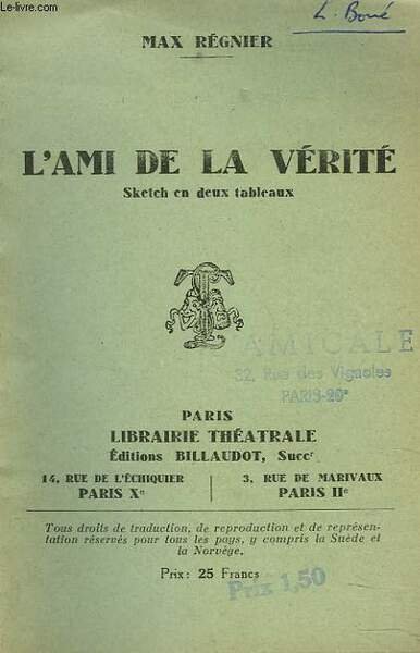 L'AMI DE LA VERITE. SKETCH EN 2 TABLEAUX.