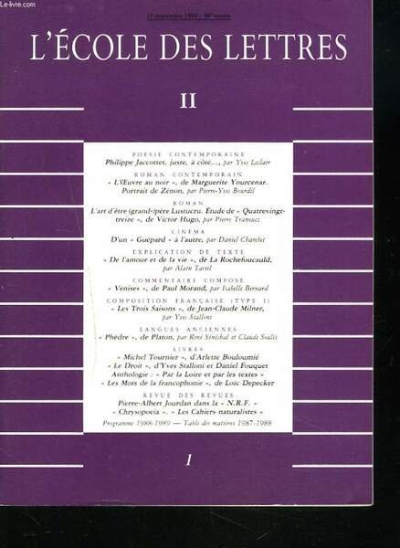 L'ECOLE DES LETTRES, SECOND CYCLE, N°1, 15 SEPT. 1988. PHILIPPE … | Immagine principale