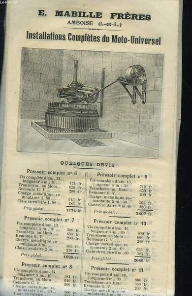 INSTALLATIONS COMPLETE DU MOTO-UNIVERSEL. QUELQUES DEVIS.