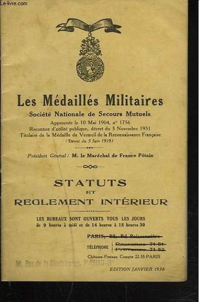 LES MEDAILLES MILITAIRES. STATUTS ET REGLEMENT INTERIEUR. | Immagine principale