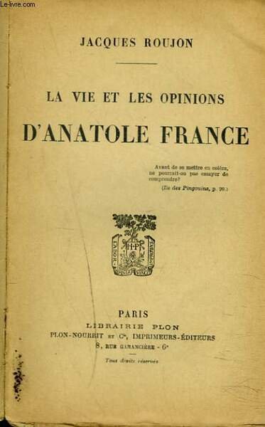 LA VIE ET LES OPINIONS D'ANATOLE FRANCE. | Immagine principale