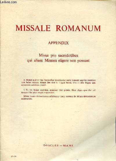 Missale romanum appendix missae pro sacerdotibus qui aliam Missam eligere …