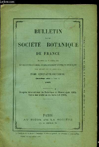 BULLETIN DE LA SOCIETE BOTANIQUE DE FRANCE TOME 52 Libro