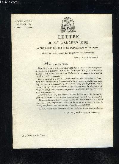 LETTRE DE MGR L'ARCHEVEQUE A MESSIEURS LES CURES ET DESSERVANS …