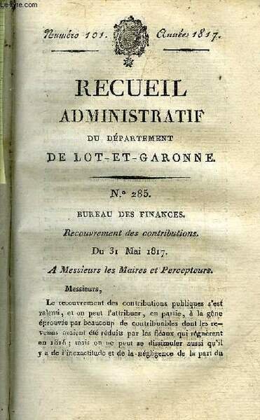 RECUEIL ADMINISTRATIF DU DEPARTEMENT DE LOT ET GARONNE N°101 ANNEE …