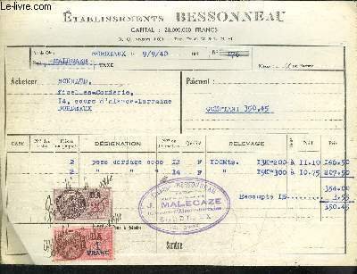 LOT 2 FACTURES ETABLISSEMENTS BESSONNEAU - DATANT DE 1940 - …