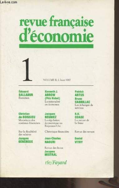 Revue française d'économie n°1 - Vol. II Hiver 1987- Edouard … | Immagine principale