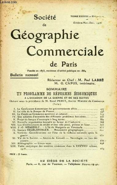 SOCIETE DE GEOGRAPHIE COMMERCIALE DE PARIS / TOME XXXVIII - … | Immagine principale