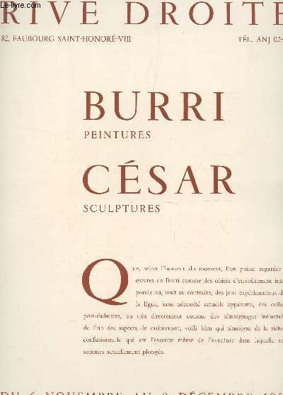EXPOSITION DE BURRI CESAR - PEINTURES SCULPTURES - DU 6 NOVEMBRE AU 8 DECEMBRE 1956.