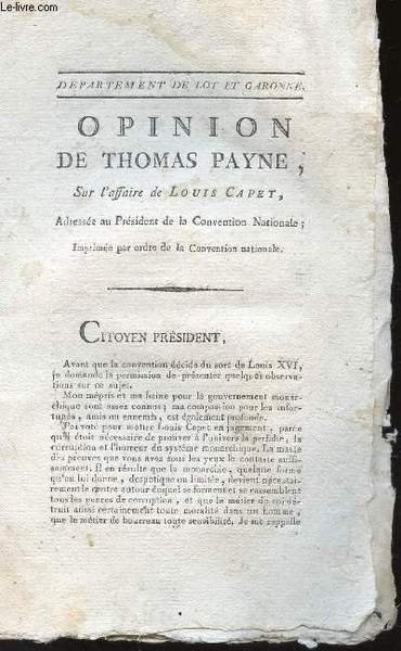L'OPINION DE THOMAS PAYNE, SUR L'AFFAIRE DE LOUIS CAPET, ADRESSEE … | Immagine principale