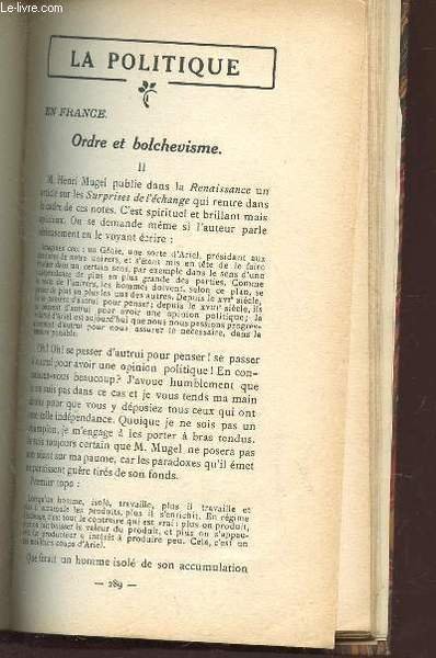 ESSAIS CRITIQUES / ORDRE ET BOLCHEVISME (II) / LE PLEBISCITE SILESIEN / CHEVEUX AU VENT / LA COMEDIE DU GENIE / AL S.M.I. - CHEZ PASDELOUP - CHEZ COLONNE / LE GLISSEMENT A GAUCHE / REVUE DES CRITIQUES.