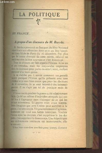 ESSAIS CRITIQUES - N�1 / A PRPOS D'UN DISCOURS DE M. BARRES / LA COURONNE BULGARE / LA COURONNE HONGROISE / LAURENCE ALBANI / A L'OMBRE DES JEUNES FILLES EN FLEURS (M. PROUST) / LA DAMNATION DE FAUST / CHEZ COLONNE / Un chef d'orchestre hollandais / ETC.