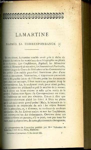 LAMARTINE D'APRES SA CORRESPONDANCE / BIBLIOGRAPHIE : introduction a l'etude des races humaines -LA France juive devant l'opinion - La chaire francaise au Moyen Age, specialement au XIII siecle, d'apres les manuscrits contemporains - Dom Francois Regis.