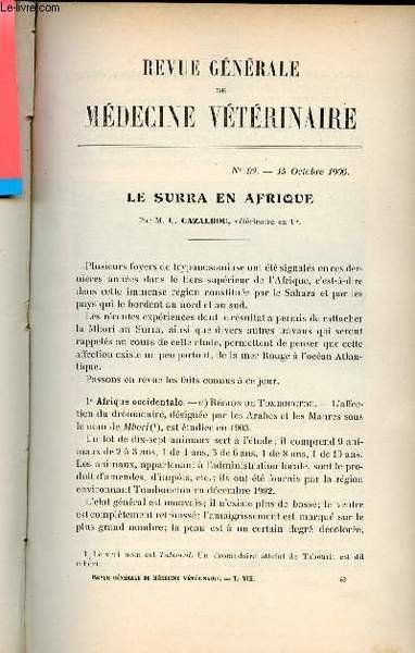 Revue g�n�rale de m�decine v�t�rinaire n�92 15 octobre 1906 - Le surra en Afrique par M.L.Cazalbou - la pneumo-ent�rite du porc par M.E.Leclainche - deux cas de fracture de la colonne vert�brale dont l'un rapidement mortel par Durand et Vignon etc.
