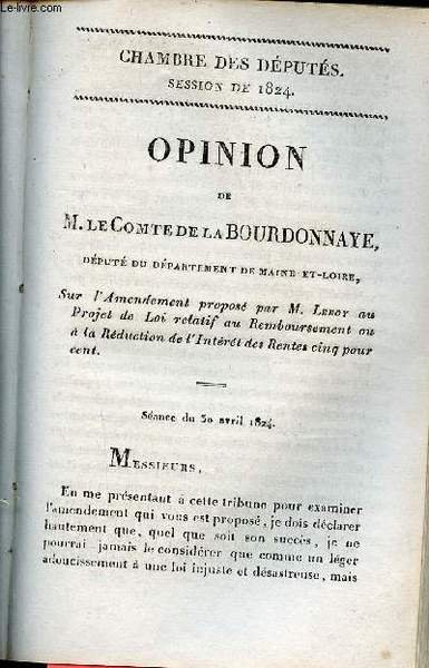 Opinion de M.Le Comte de la Bourdonnaye d�put� du d�partement … | Immagine principale