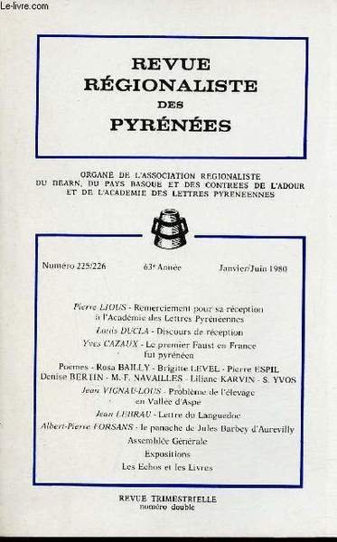 Revue R�gionaliste des Pyr�n�es n�225-226 janvier juin 1980 - Remerciement …