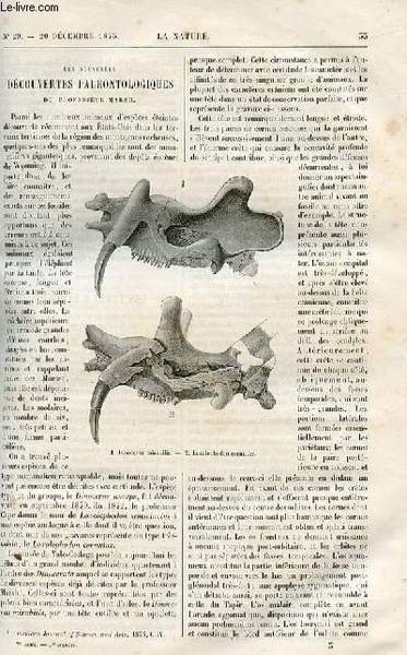 La nature n° 29 - Les nouvelles découvertes paléontologiques du professeur Marsh, Les tubes a effluves, Comment voyez vous la lune grosse ? par Camille Flammarion, La chèvre angora en Amérique par H. de la Blanchère, Les tortues franches a Paris par W.