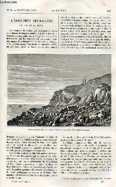 La nature n° 91 - L'éboulement des falaises du cap de la Hève, Nouvelles matières colorantes artificielles par Gaston Tissandier, Les protubérances du soleil par Camille Flammarion, La construction des ports dans la Méditerranée par le commandant Cialdi