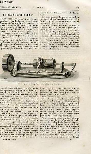 La nature n° 251 - Le phonographe d'Edison par Alf. Niaudet, Les périodes végétales de l'époque tertiaire par Cte G. de saporta, L'ancienneté de l'homme au Mexique par E.T. Hamy, Colonne lumineuse observée a Logelbach, Société française de physique
