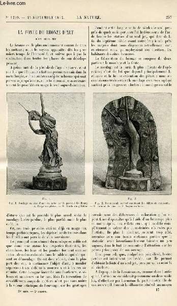 La nature n° 1269 - La fonte du bronze d'un seul jet - les fleurs des Alpes - les fiacres électriques à Londres - Falsification des titres - la production du fer - le navire insubmersible- le moteur thermique Gardie - un lézard à 2 queues - moules