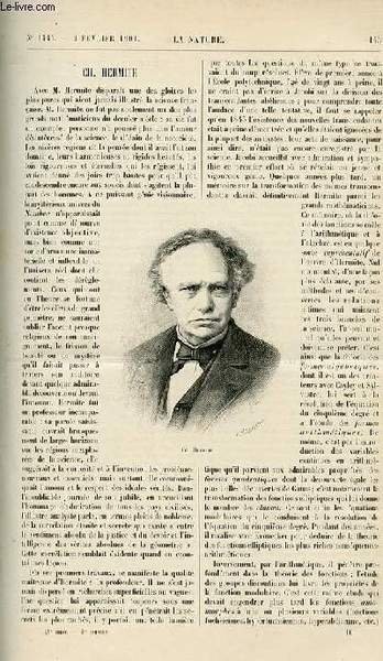 La nature n° 1445 - Ch Hermite par P. Painlevé - Une Transmission d'énergie électrique a 250 kilomètres par D.B - Un Progrès en Chronmètrie - Emaillage mécanique de la fonte par G. Caye - Les éléments Magnétiques au commencement du siecle - Le Squelette