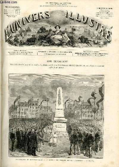 L'UNIVERS ILLUSTRE - DIX-HUITIEME ANNEE N° 1080 - Inauguration du …